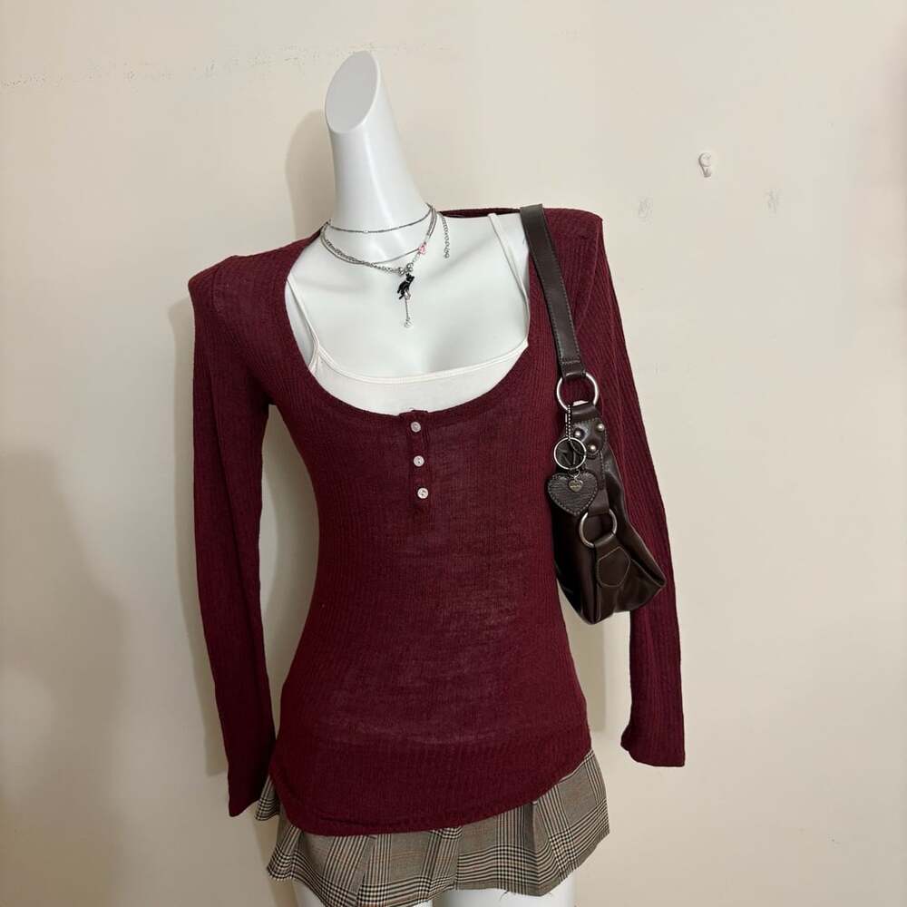 SWS Burgundy Wine Red Ribbed Scoop Neck Henley Long Sleeve Top Sweater Womens Me